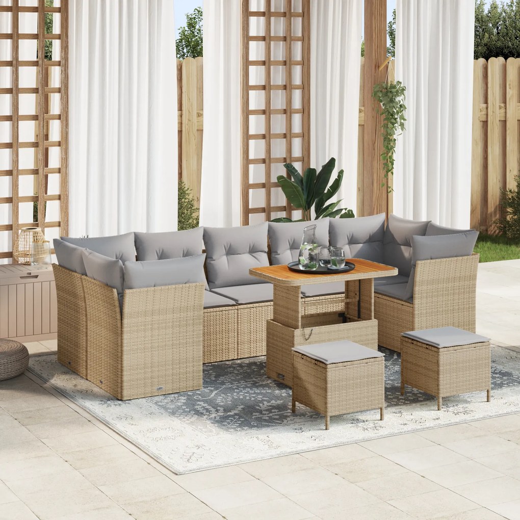 Set de Sofa de Grădină vidaXL cu 10 Piese și Perne Bej din Poliratan Acacia