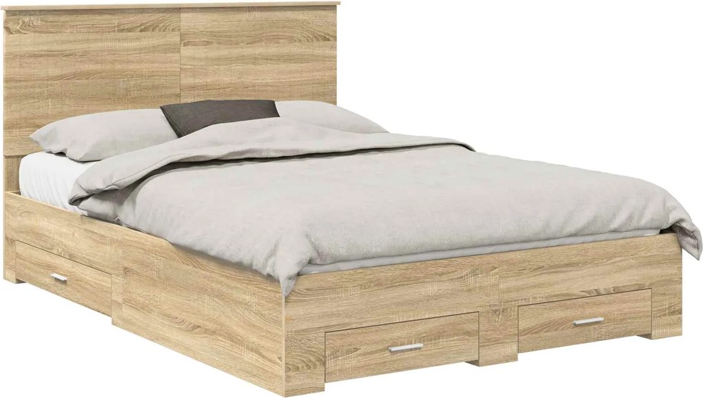 vidaXL Cadru de pat cu sertar Stejar Sonoma 135 x 190 cm Lemn compozit
