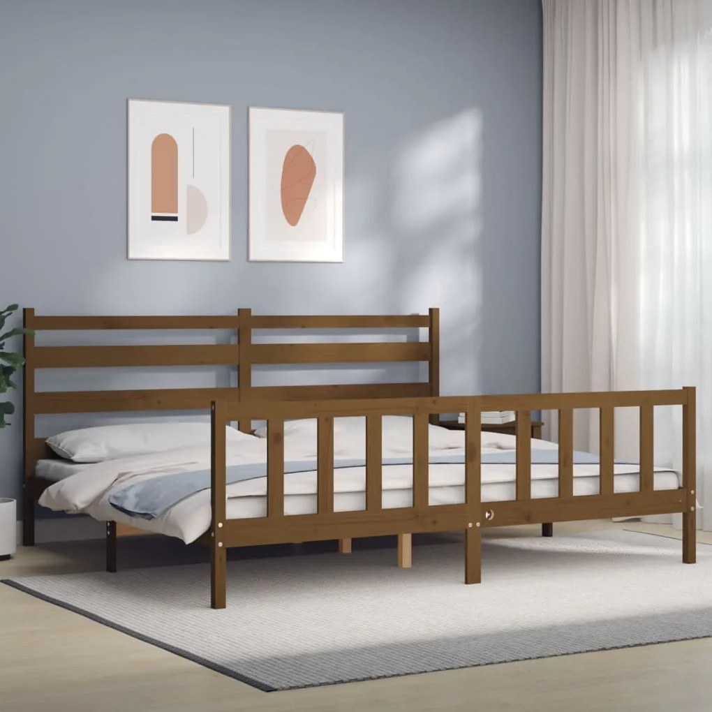 3192059 vidaXL Cadru pat cu tăblie, maro miere, 200x200 cm, lemn masiv