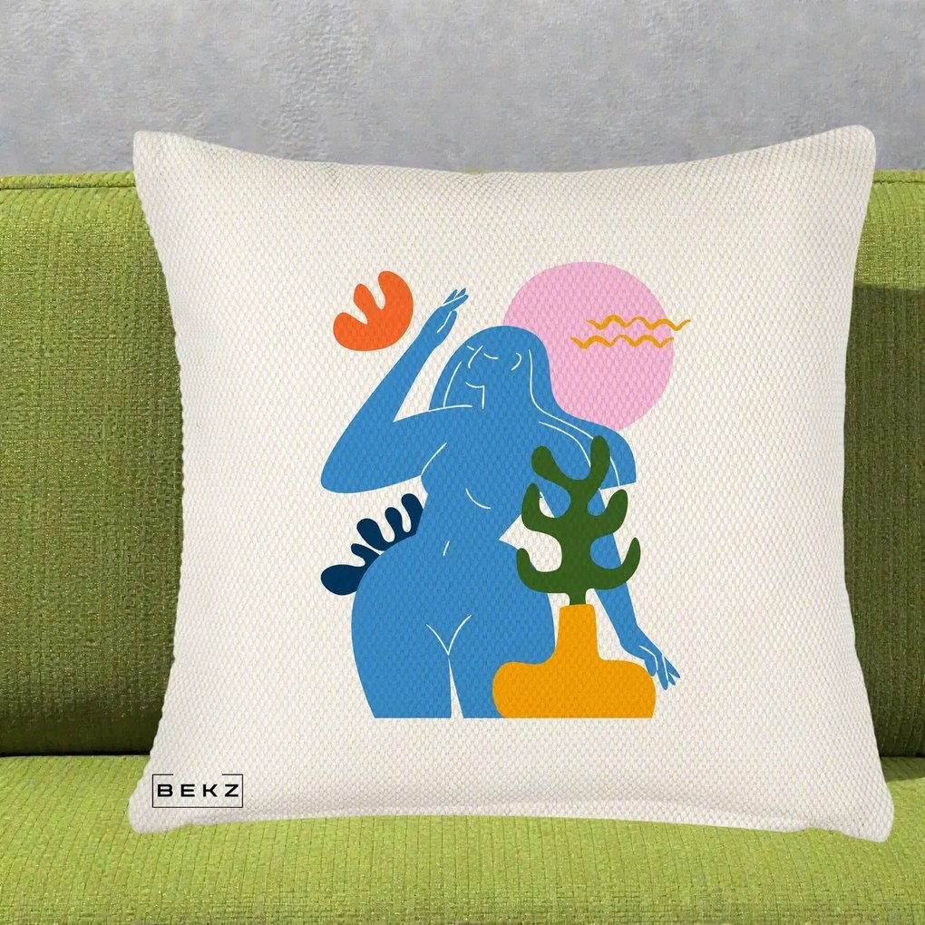 Perna Decorativa Femeie Albastra Cactus, 40x40 cm, Crem Reliefat, Husa Detasabila, Perna Inclusa, BEKZ®