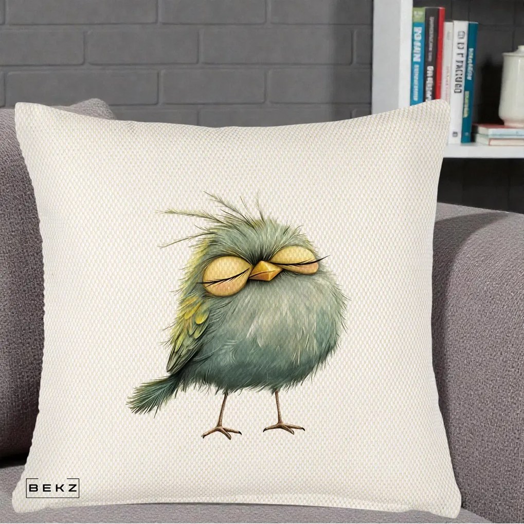 Perna Decorativa Pasare Teal Adormita cu Ochi Galbeni, 40x40 cm, Crem Reliefat, Husa Detasabila, Perna Inclusa, BEKZ®