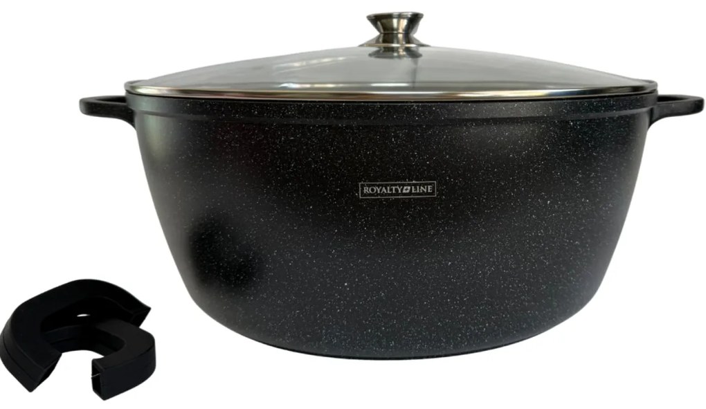 Oala mare, 23,4 litri, 44 cm tip cratita marmorata antiaderenta, cu capac, pentru zacusca, bulion, gemuri, cu protectie manere din silicon Royalty