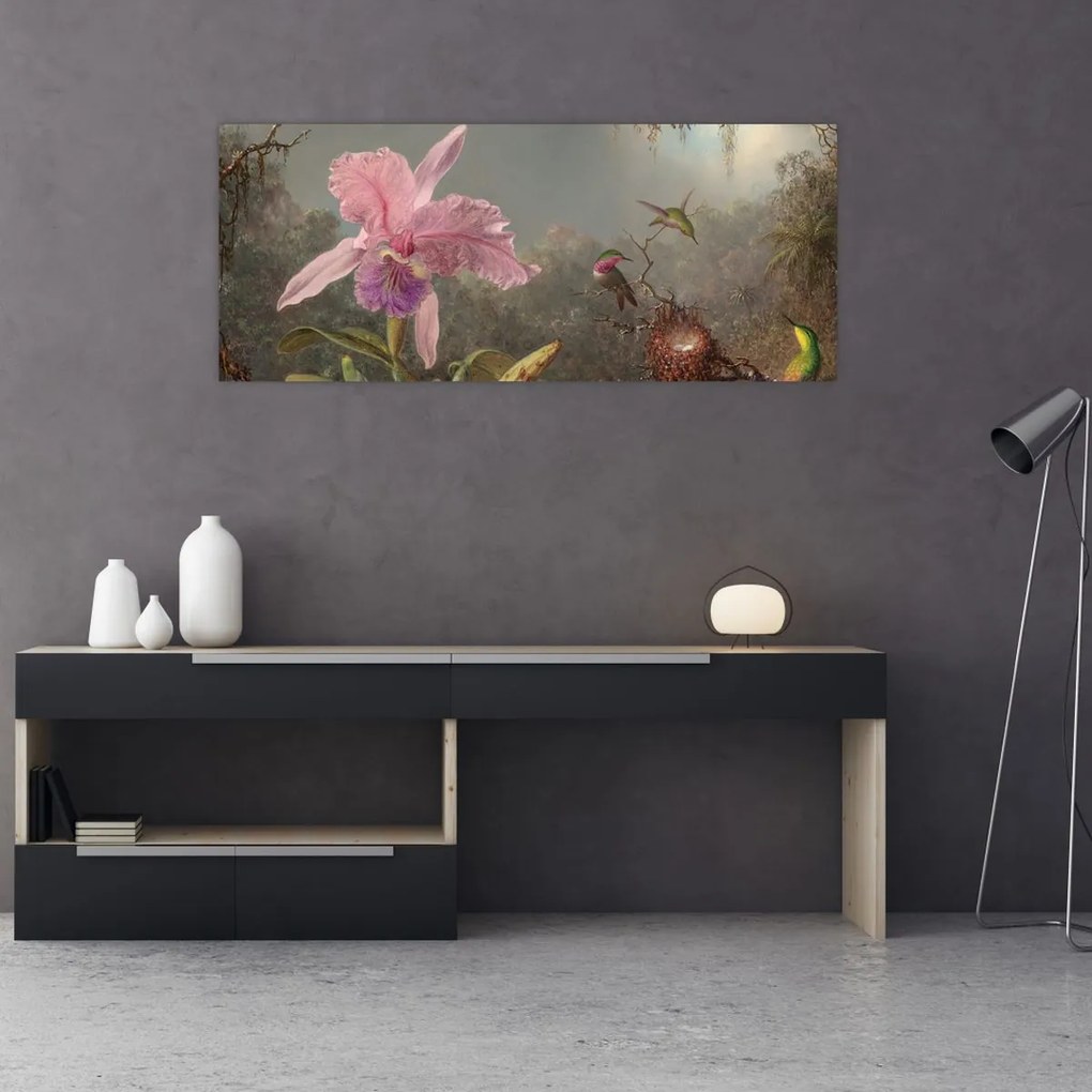 Tablou - Martin Johnson Heade, Cattleya Orchid and Three Hummingbirds, reproducere (120x50 cm)