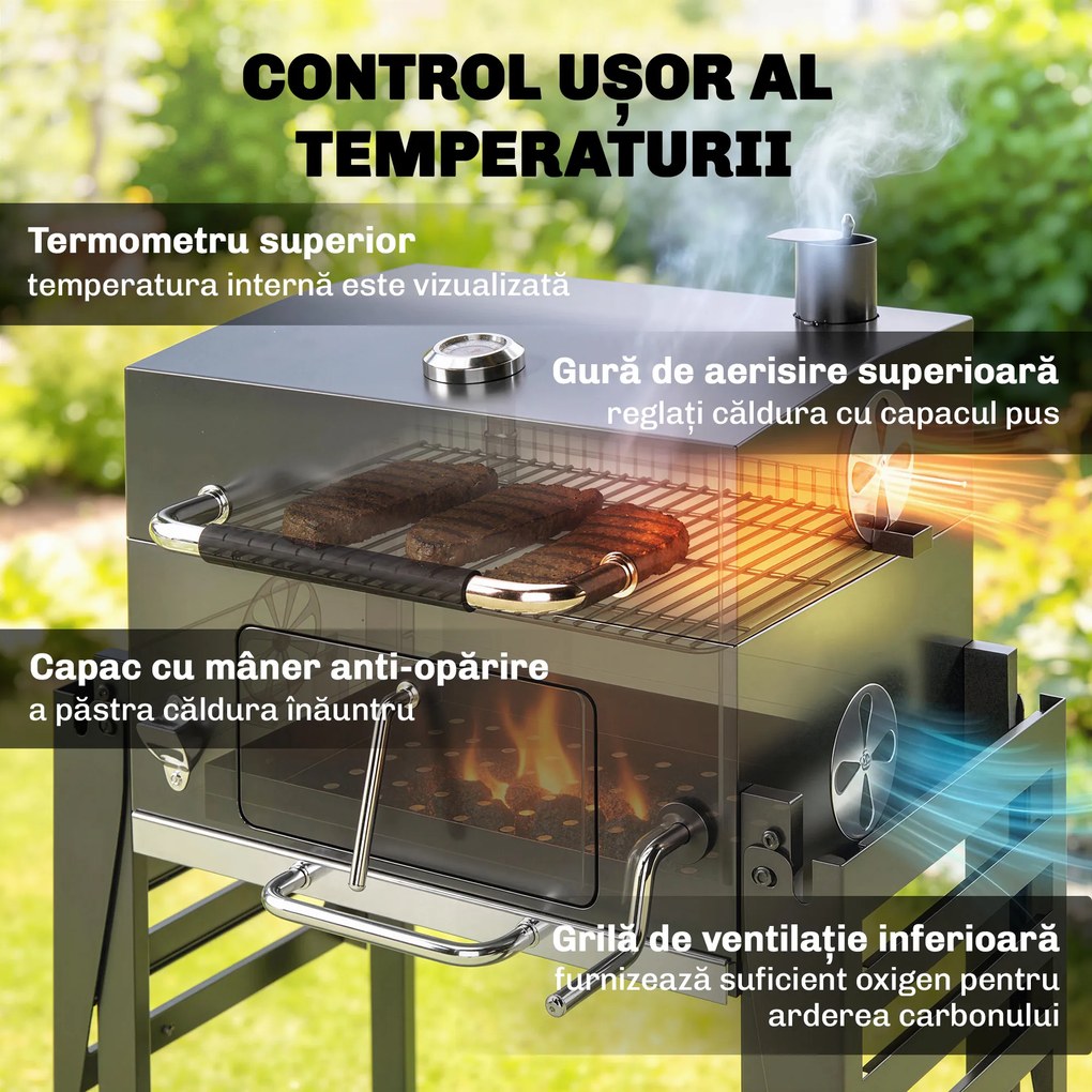 Outsunny grătar pe cărbune, grilă reglabilă, rafturi rabatabile, termometru. | Aosom Romania
