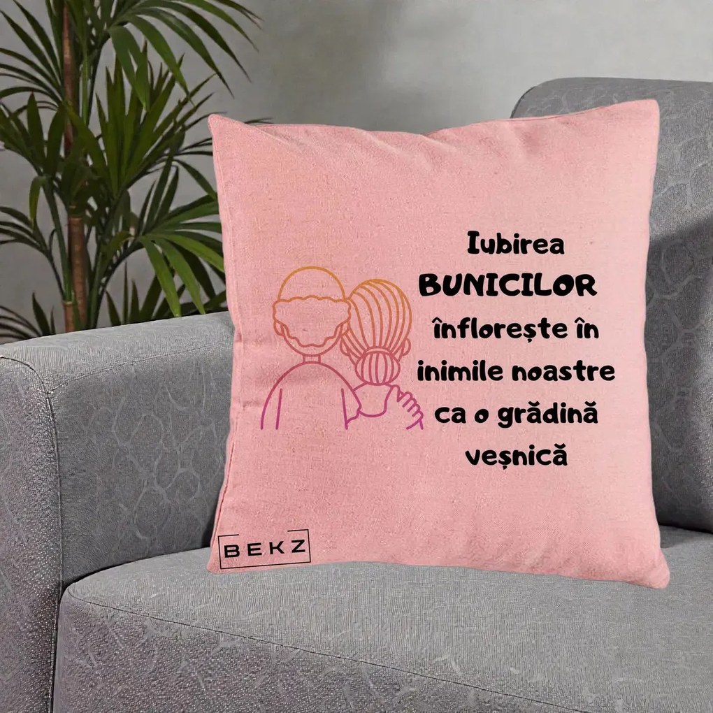 Cadou pentru Bunici - Perna Personalizata Iubirea Bunicilor Infloreste Cuplu Line Art Gradient, 40x40 cm, Roz, Husa Detasabila, Perna Inclusa, BEKZ®