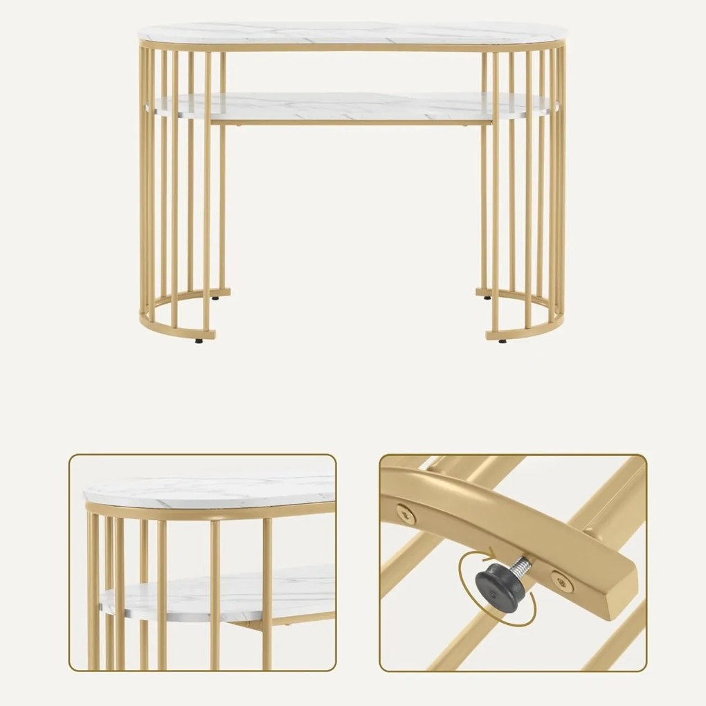 MANIAU207 - Masuta manichiura, 114 cm, masa cosmetica ovala pentru salon - Alb - Auriu