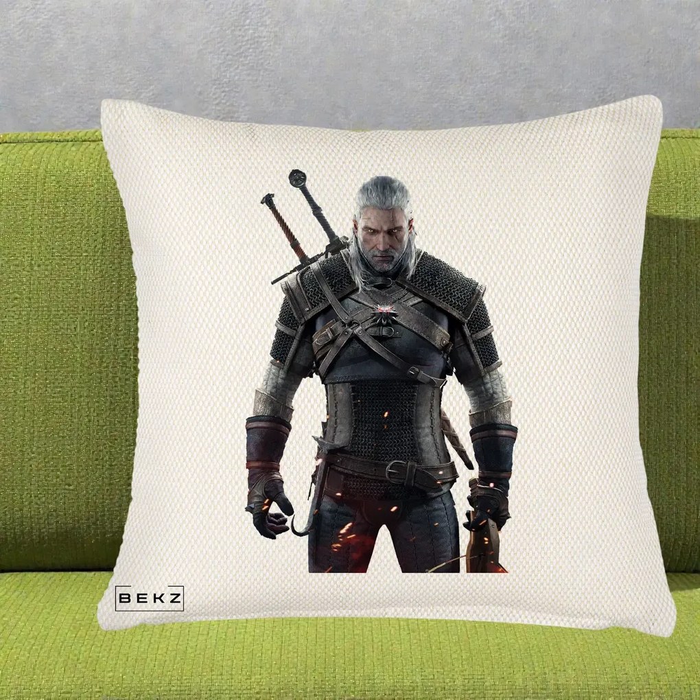 Perna Personalizata The Witcher Geralt of Rivia Portret, 40x40 cm, Crem Reliefat, Husa Detasabila, Perna Inclusa, BEKZ®