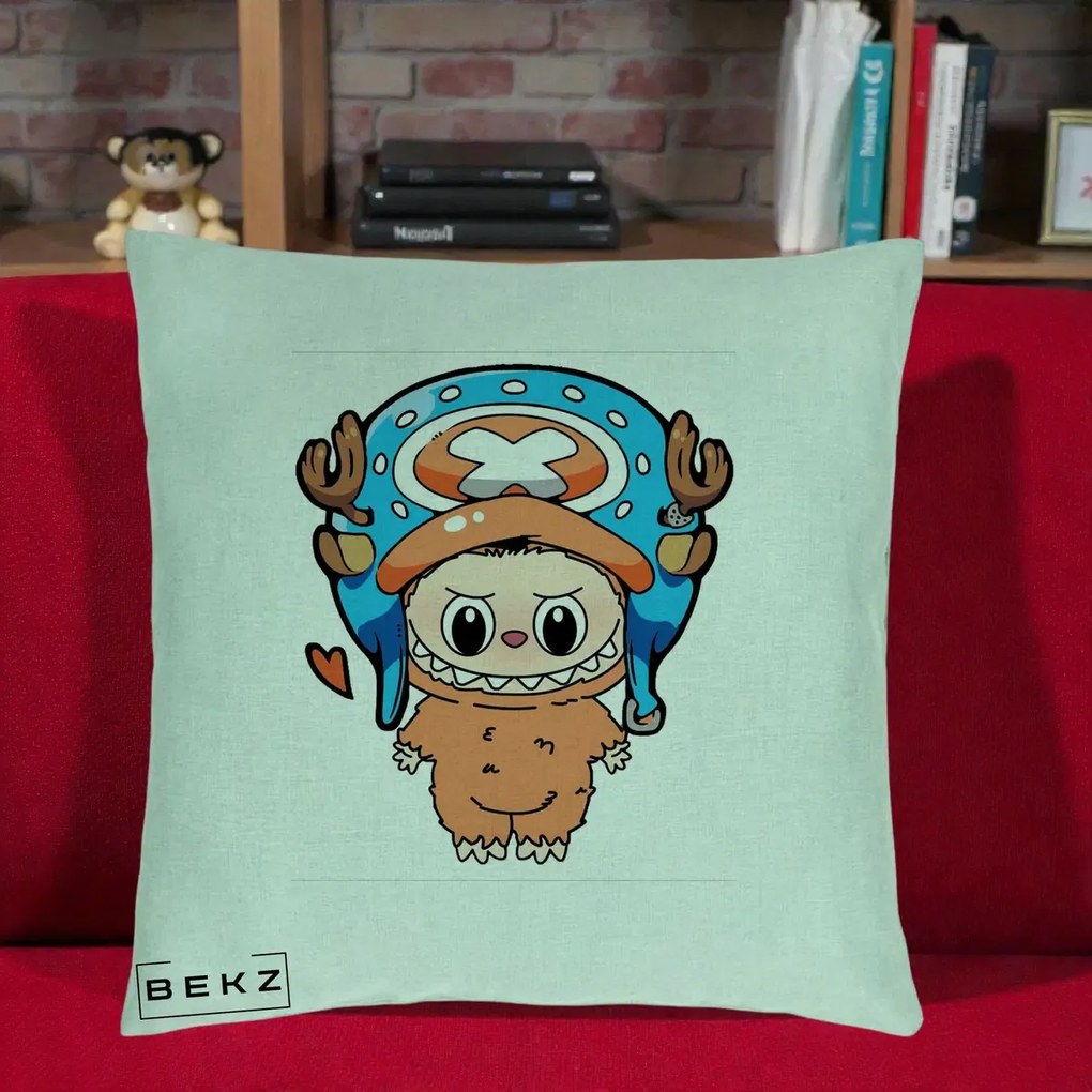 Perna Personalizata Labubu x Tony Tony Chopper, 40x40 cm, Verde Menta, Husa Detasabila, Perna Inclusa, BEKZ®
