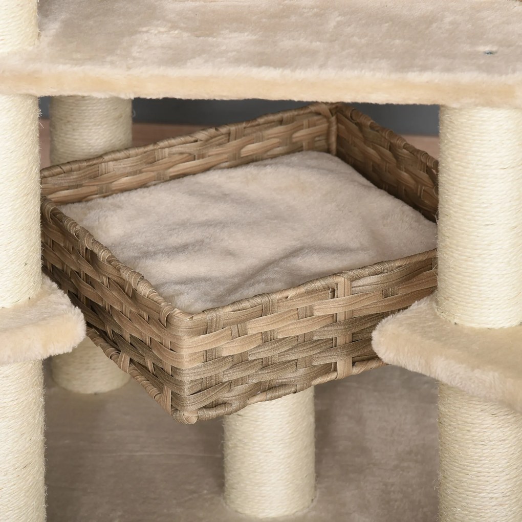 PawHut Săculeț de zgâriat din ratan cu căsuță pentru pisici Săculeț de pisici cu mai multe etaje Kletterbaum pentru pisici E1 MDF Sisal Bej+Maro 55 x 55 x 174 cm | Aosom Romania