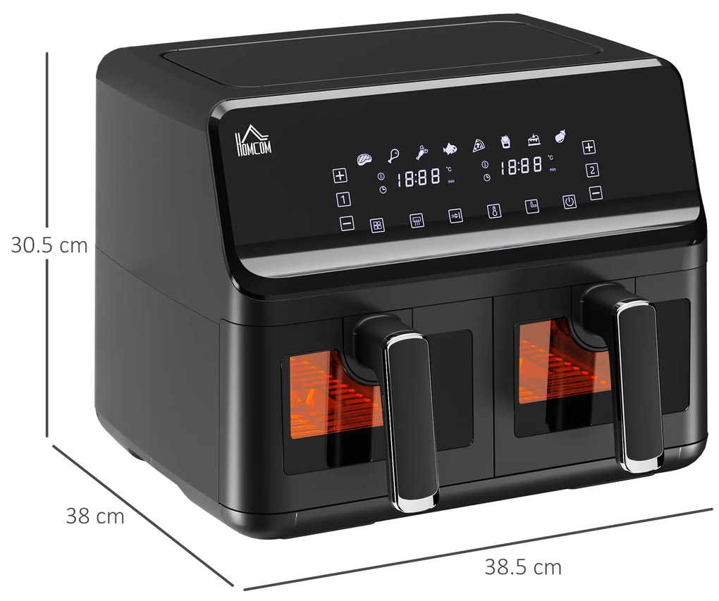 HOMCOM Friteuză cu Aer Cald cu 2 Coșuri Independente și 8 Meniuri, 38,5x38x30,5 cm, Negru | Aosom Romania