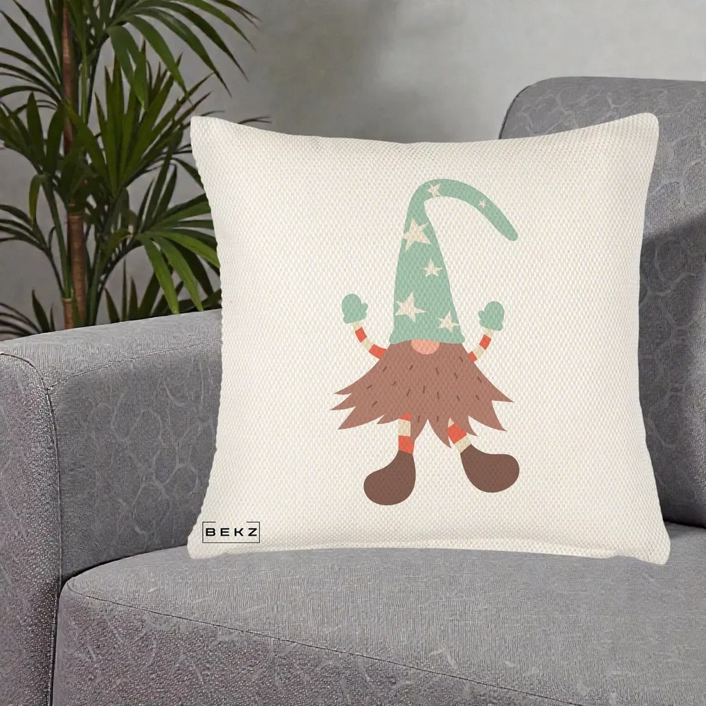 Perna Decorativa Pitic Gnom Nordic cu Cadou Menta, 40x40 cm, Crem Reliefat, Husa Detasabila, Perna Inclusa, BEKZ®