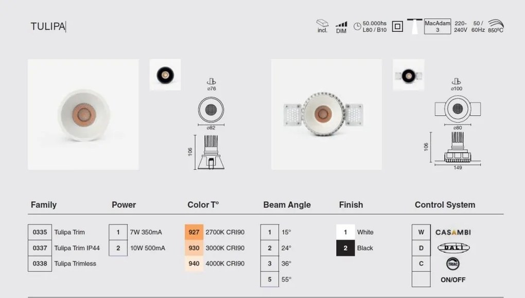 Spot LED incastrabil TULIPA White recessed downlight 7W 24° 2700K CRI90 dali