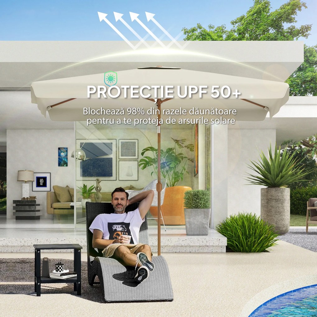 Outsunny Umbrelă de Grădină 2x3 m Înclinabilă cu Deschidere cu Manivelă, Ventilare și Margini Plisate, Anti UV 50+, Aluminiu și Poliester 180 g/㎡, Bej | Aosom Romania