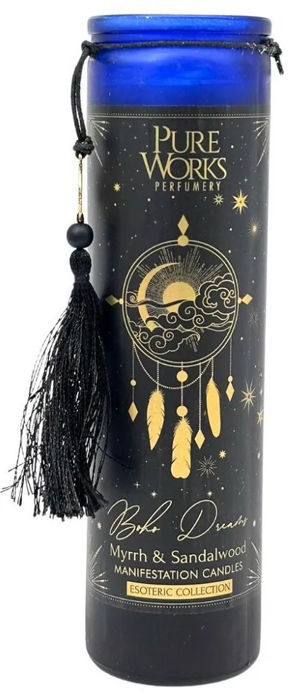 Arome Lumânare organică Myrrh&amp;Sandalwood 300 gîntr-un pahar înalt colorat cu panglică