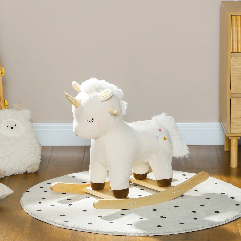 AIYAPLAY Cal Balansoar pentru Copii 2-4 Ani în Formă de Unicorn cu Sunete și Înveliș Moale, 63x33x56 cm, Alb | Aosom Romania