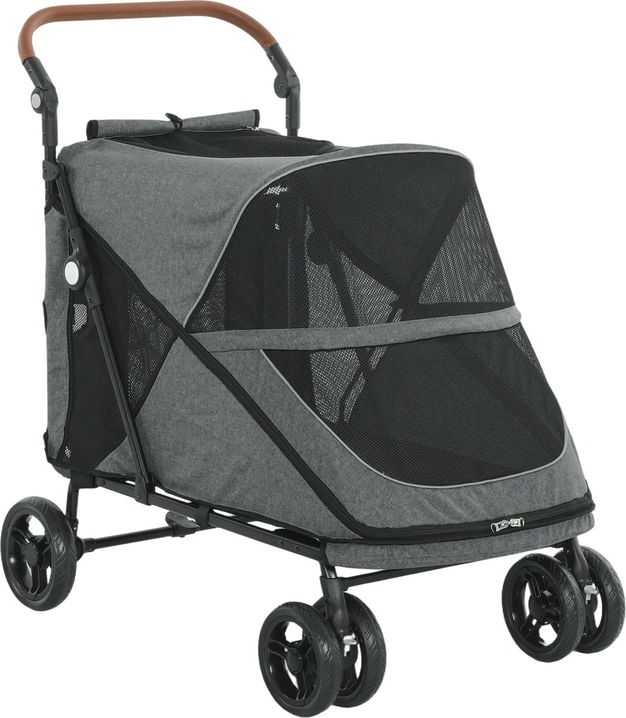 PawHut Cărucior pliabil pentru câini buggy pentru câini mari până la 30 kg cu roți rotative 360° fereastră din plasă pernă mâner reglabil Gri | Aosom Romania