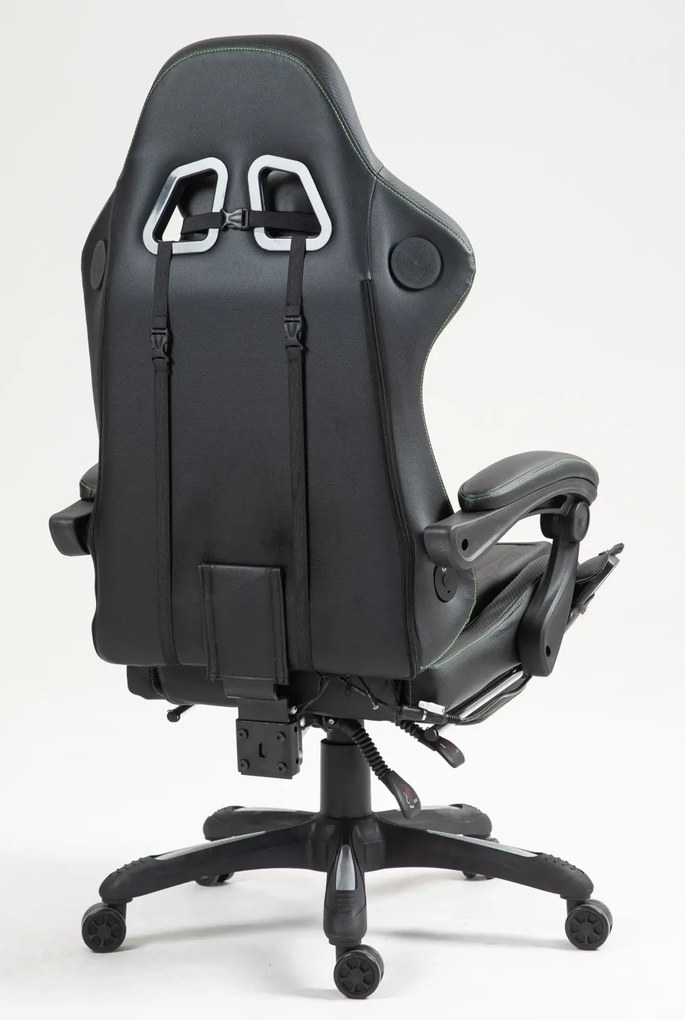 RESIGILAT- Scaun gaming, Masaj in 7 puncte, Boxe Bluetooth, funcție șezlong, 90-155 grade, suport picioare, PU, Negru/cusatura verde
