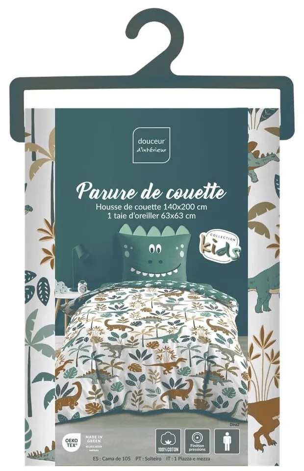 Lenjerie de pat pentru copii albă-verde din bumbac pentru pat de o persoană 140x200 cm Dina – douceur d'intérieur