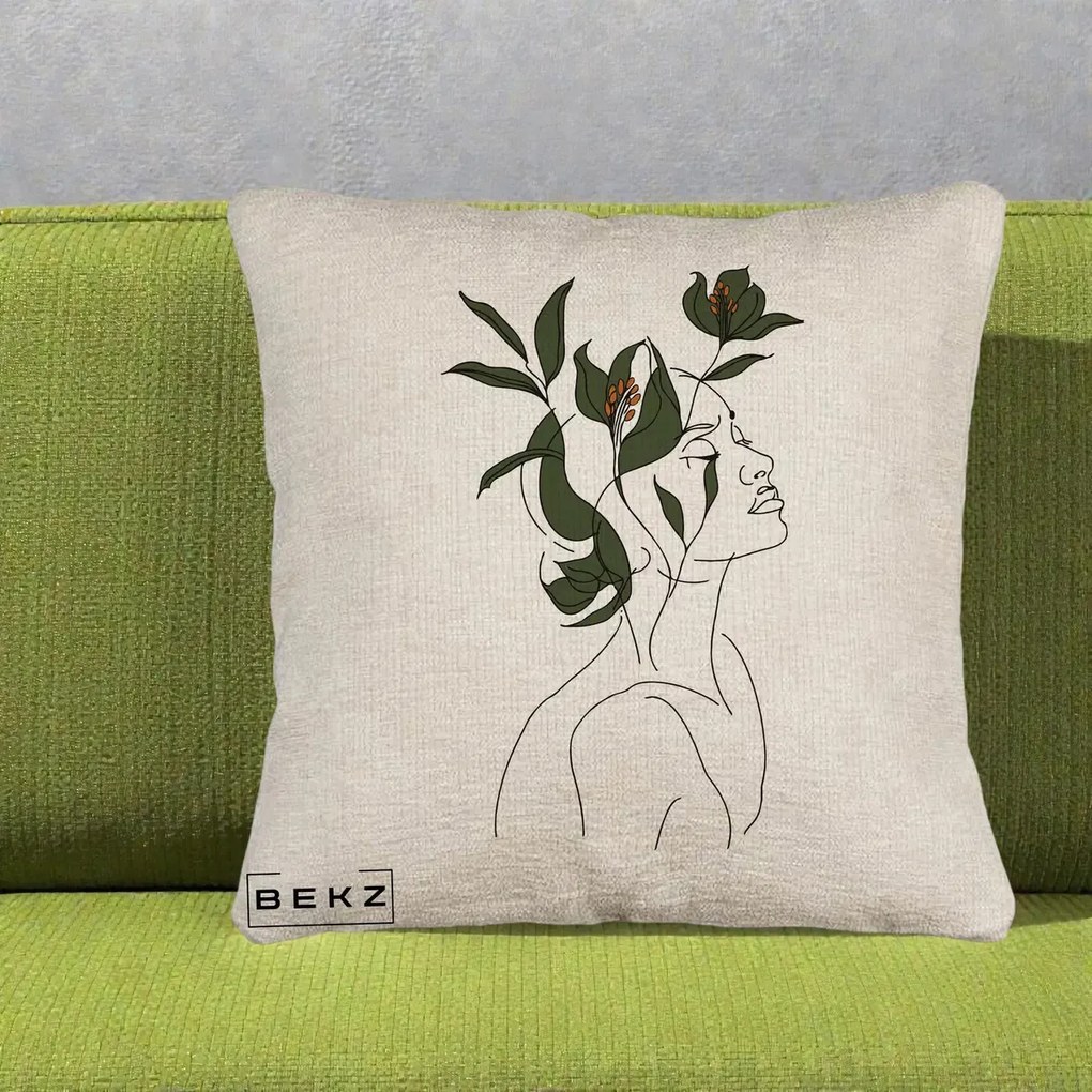 Perna Decorativa Portret Feminin Crin Verde, 40x40 cm, Bej Canapea, Husa Detasabila, Perna Inclusa, BEKZ®