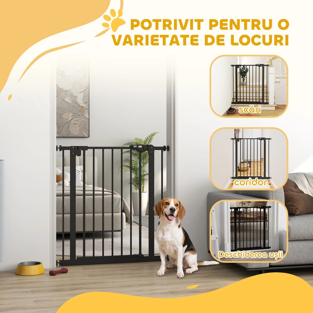 PawHut Poartă de Siguranță pentru Câini cu 2 Extensii, Lățime Reglabilă și Închidere Automată, 74x77cm, Negru | Aosom Romania