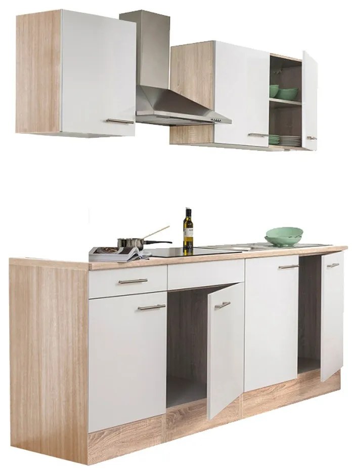 Mobilă de bucătărie Yorki 210, corp din stejar Sonoma, cu față alb satinat