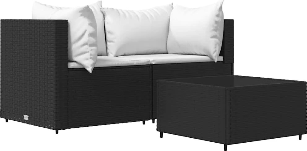 vidaXL Set mobilier de grădină cu perne, 3 piese, negru, poliratan