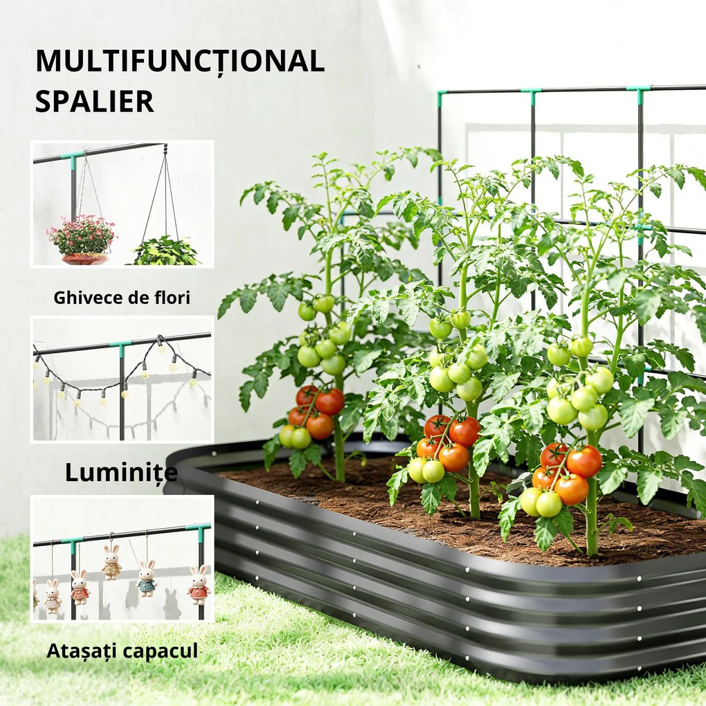 Outsunny Jardiniere Ridicate din Metal cu Grilaj, Pat de Grădină Înălțat cu Fund Deschis, Mănuși și Grilaj pentru Plante Cățărătoare, Legume și Flori, 220x110x150 cm, Gri Închis | Aosom Romania