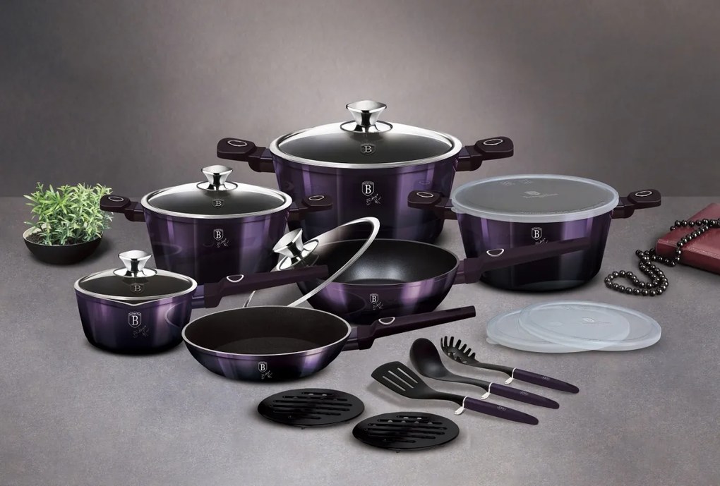 Set oale si tigai cu capace 18 piese Purple Eclipse Berlinger Haus BH 7145, antiaderente, strat titan, mov