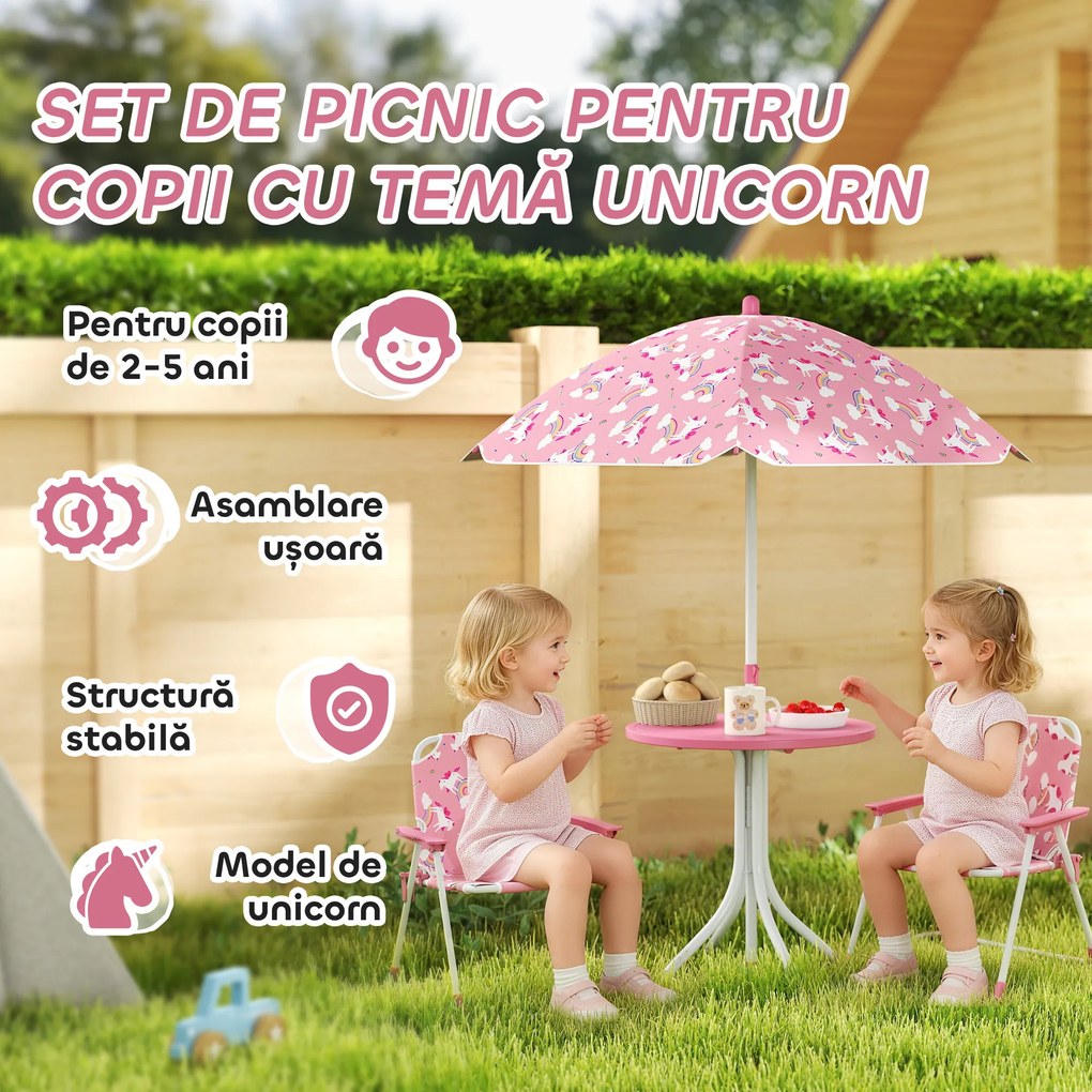 AIYAPLAY Masă de Picnic pentru Copii, Set Masă și Scaune cu 2 Scaune Pliabile și Umbrelă Detasabilă, Temă Junglă, Mobilier de Exterior pentru Grădină, Patio, Roz | Aosom Romania