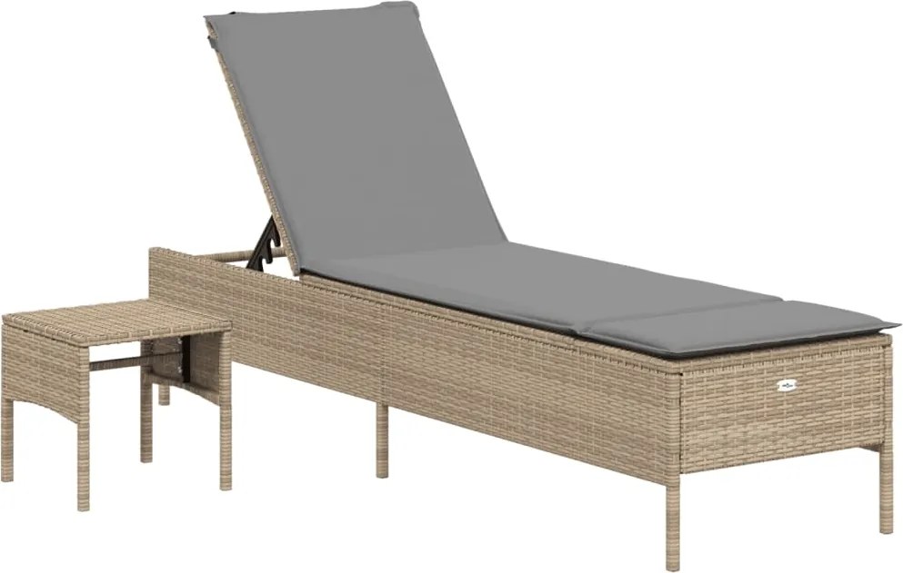 vidaXL Șezlong cu masă și pernă, bej, poliratan