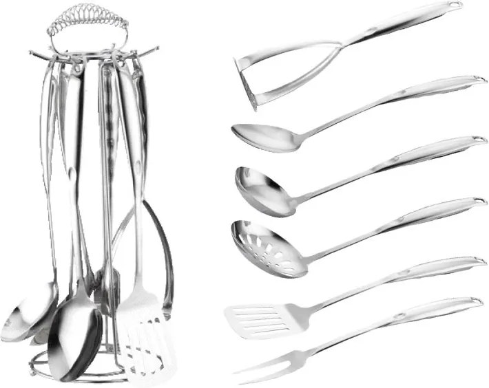 Set 6 Ustensile din Inox pentru gatit Tone Peterhof, 7 piese, suport inclus
