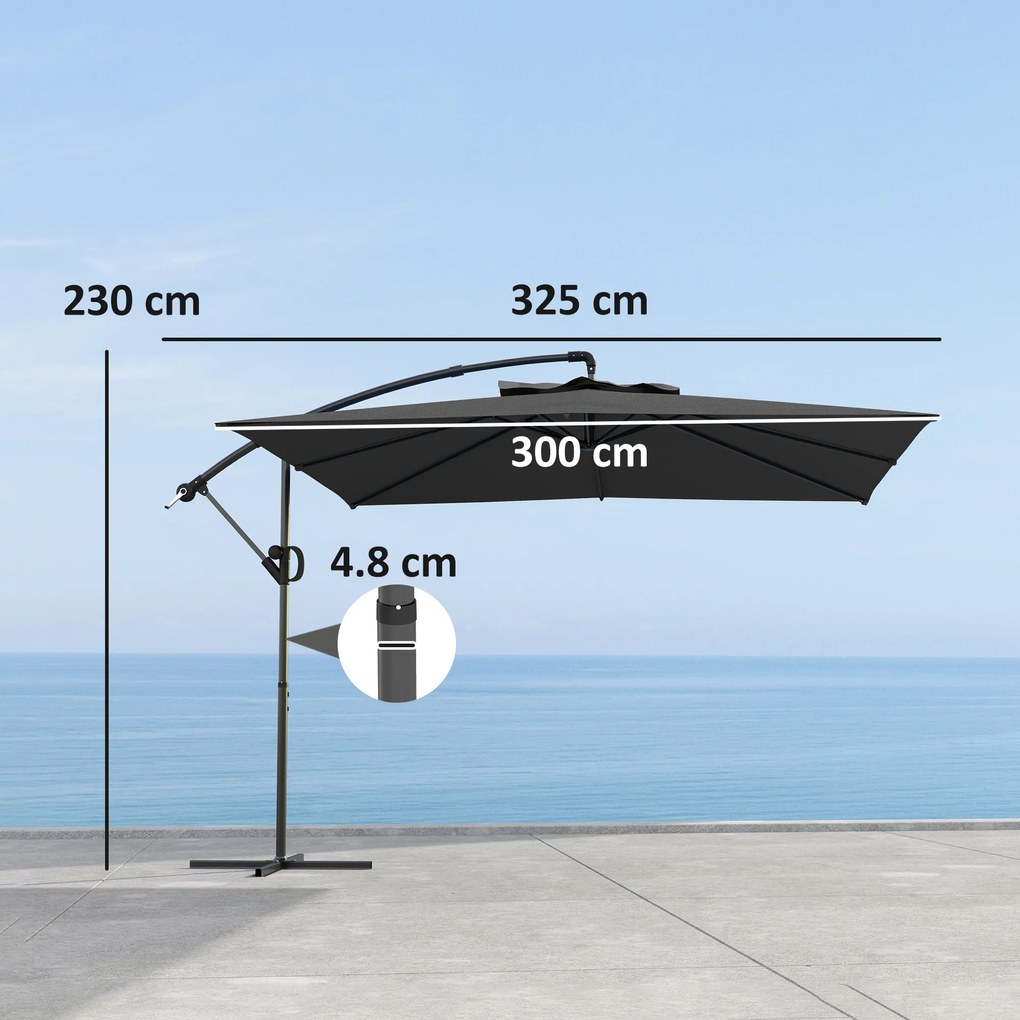 Outsunny Umbrelă laterală pătrată 3 x 3 m cu manivelă, bază încrucișată, umbrelă înclinabilă rotire la 360° țesătură 180 g/m² gri închis | Aosom Romania