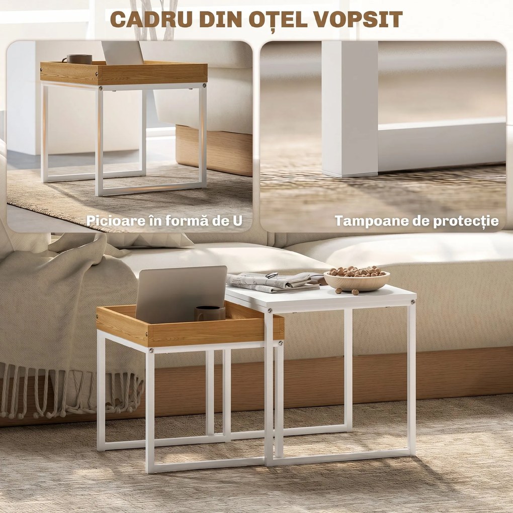 HOMCOM Set de Măsuțe de Cafea Impilabile Moderne cu Tavă, 45x45x45 cm, Alb și Stejar | Aosom Romania