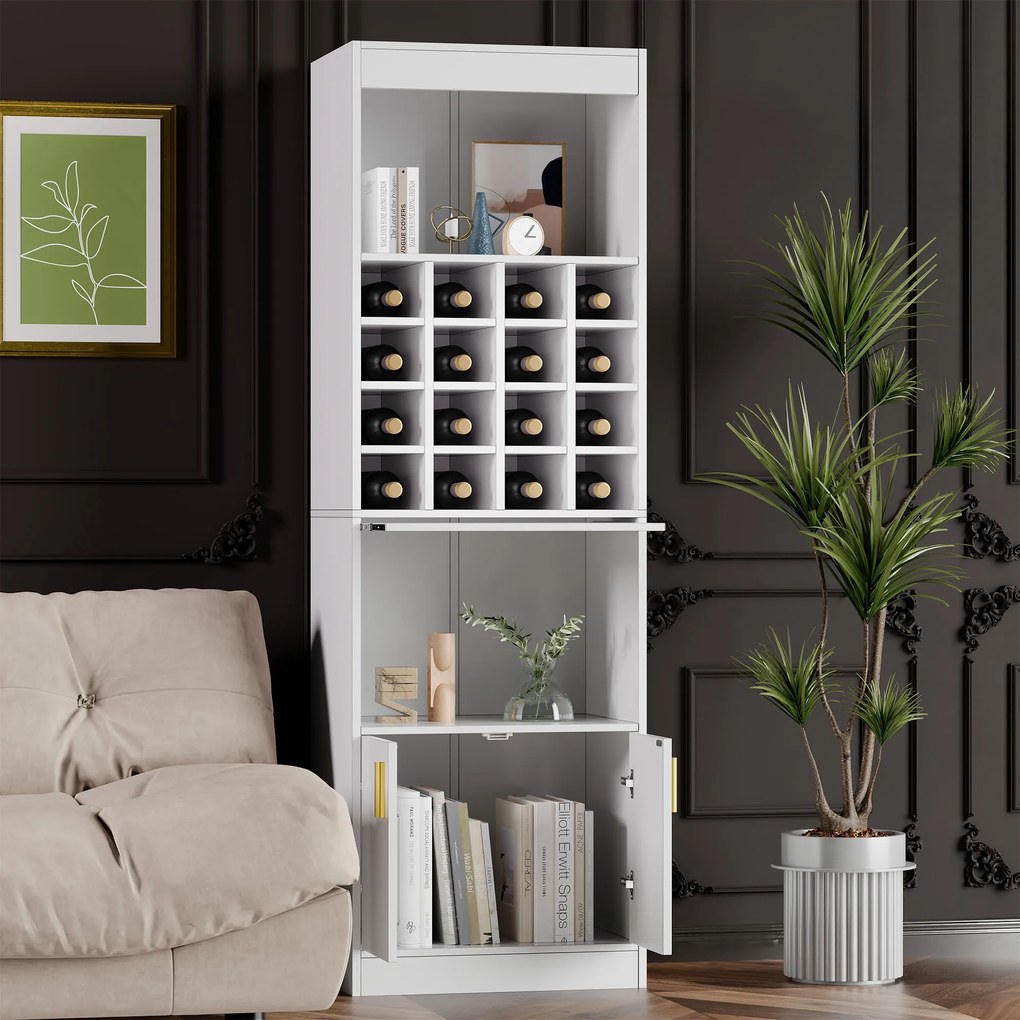 Mobilier pentru vin cu 16 Compartimente pentru Sticle, Multifuncțional ca Highboard pentru Sala de Mese sau Bibliotecă pentru Living, 50x40x180 cm, Alb