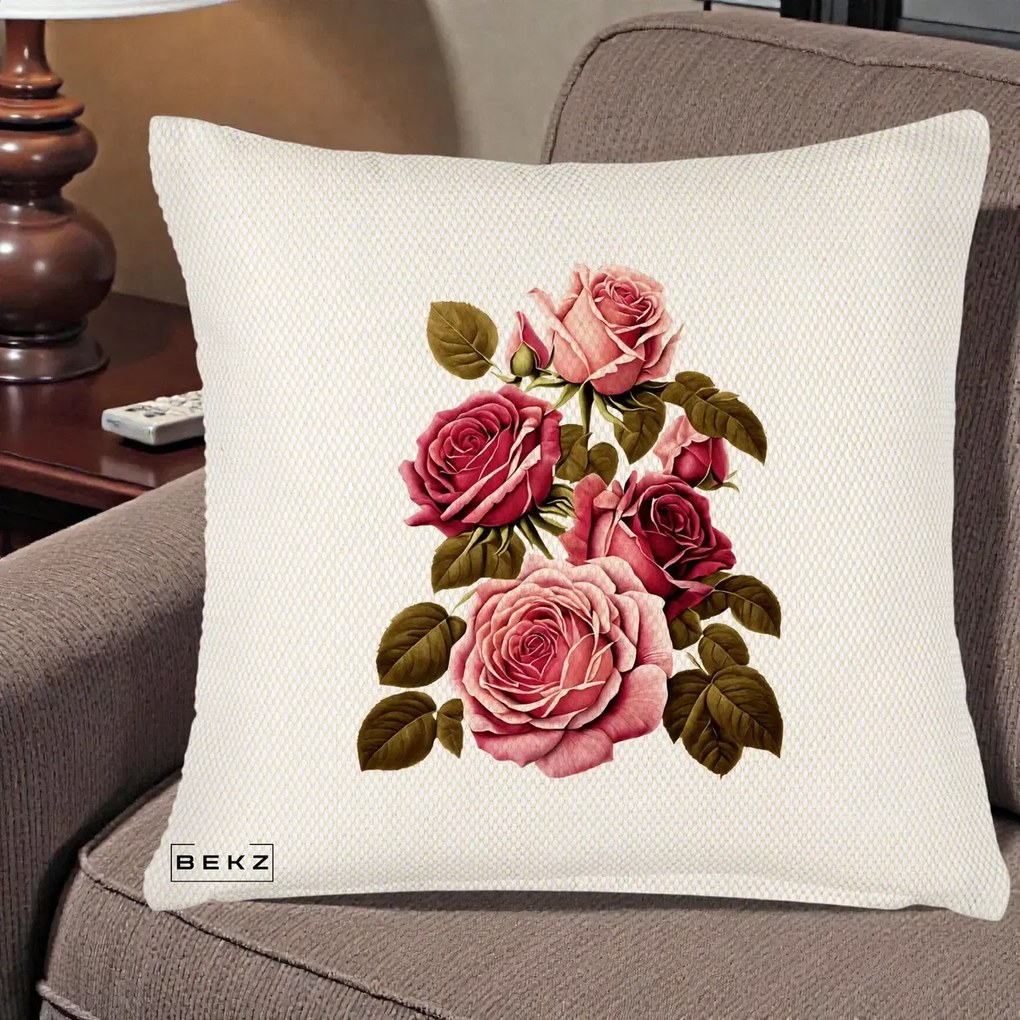 Perna Decorativa Trandafiri Vintage Roz-Rosii, 40x40 cm, Crem Reliefat, Husa Detasabila, Perna Inclusa, BEKZ®