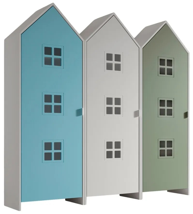 Set 3 dulapuri pentru copii Casami Bruges tip colibă de plajă – 1 cu ușă albă, 1 cu ușă Albastru și 1 cu ușă Verde Intens – Vipack