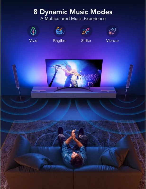 Set 2 Smart LED lampi pentru televizor LED Govee H6046 RGBIC, 24 W, Segmente de culoare adresabile, Wi-Fi, Bluetooth, Govee Home, Negru