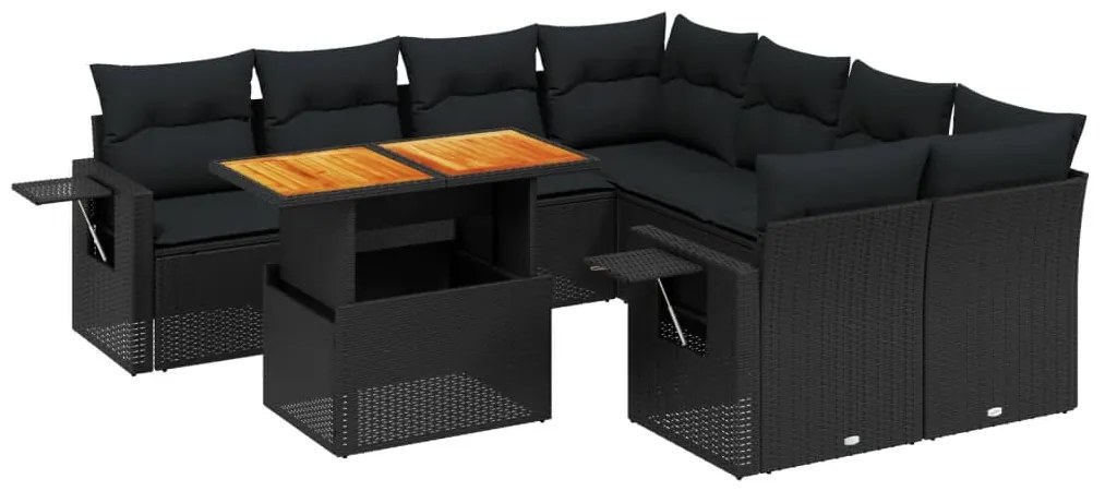 3271678 vidaXL Set mobilier de grădină cu perne, 9 piese, negru, poliratan