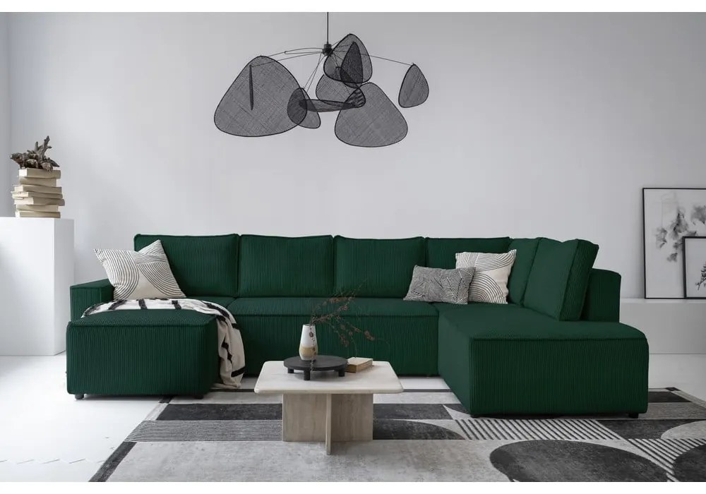 Colțar verde închis extensibil cu tapițerie din catifea reiată (cu colț pe partea dreaptă/în formă de "U") Brave Dave – Miuform