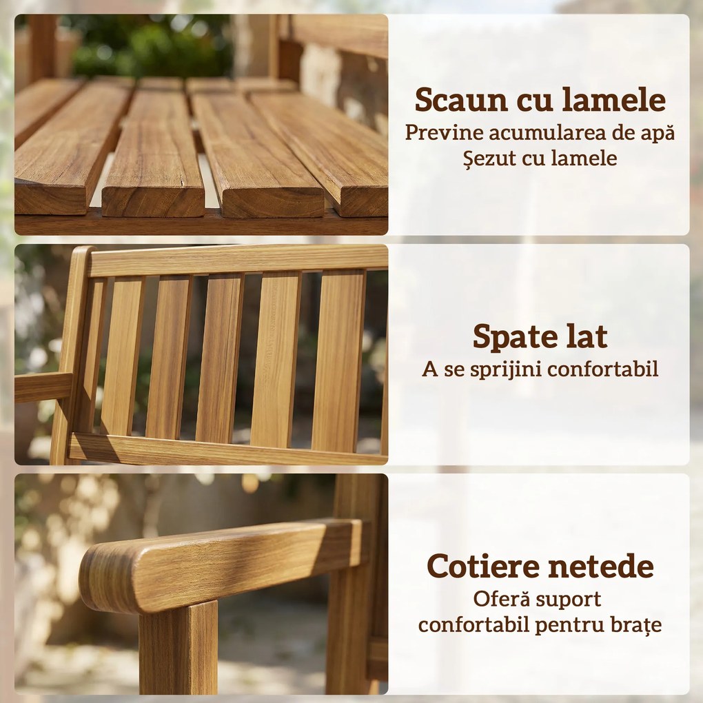 Outsunny Bancă de Grădină pentru 2 Persoane, Bancă de Exterior cu Lamele din Lemn de Molid, Stil Country, Bancă pentru Terasă, Patio și Curte, 150x57x93 cm, Culoare Teak | Aosom Romania
