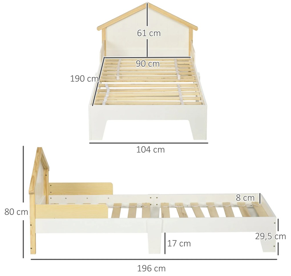HOMCOM Pat pentru copii - structură pat cu tăblie în formă de casă și somieră cu lamele incluse - 90 x 190 cm- pin masiv alb | Aosom Romania