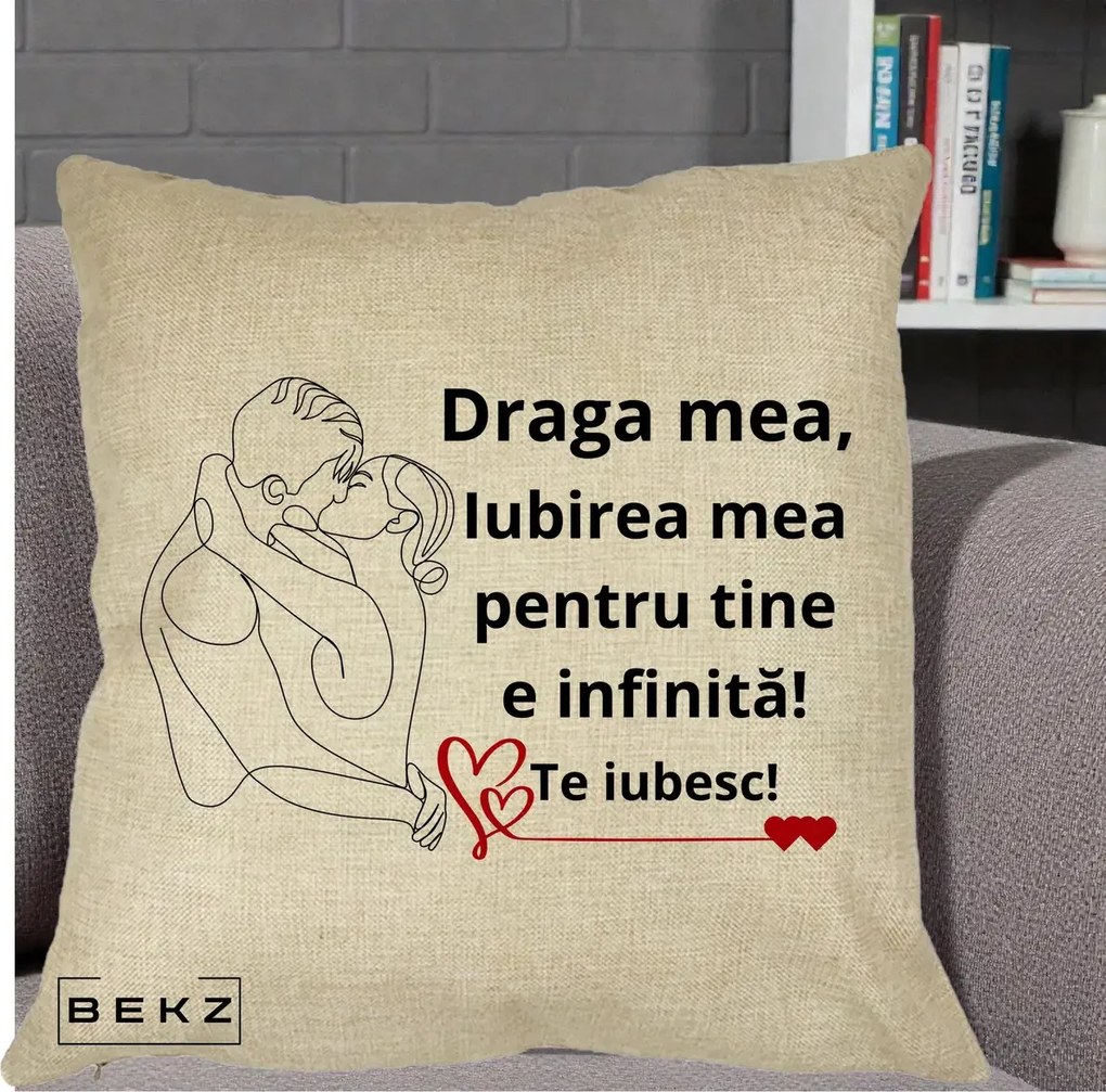 Cadou pentru Iubita - Perna Personalizata Draga Mea Iubirea Mea pentru Tine e Infinita Te Iubesc, 40x40 cm, Crem, Husa Detasabila, Perna Inclusa, BEKZ®