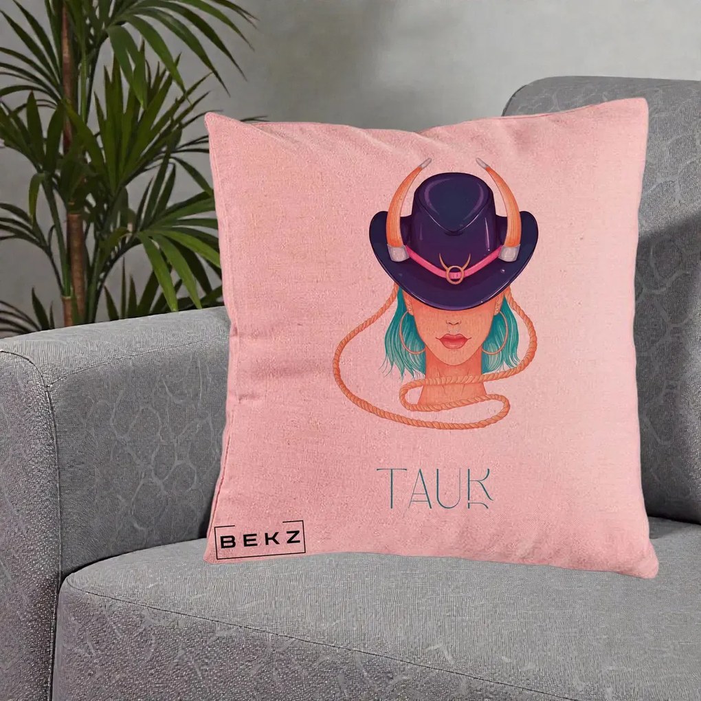 Perna Personalizata Zodie Taur, 40x40 cm, Roz, Husa Detasabila, Perna Inclusa, BEKZ®