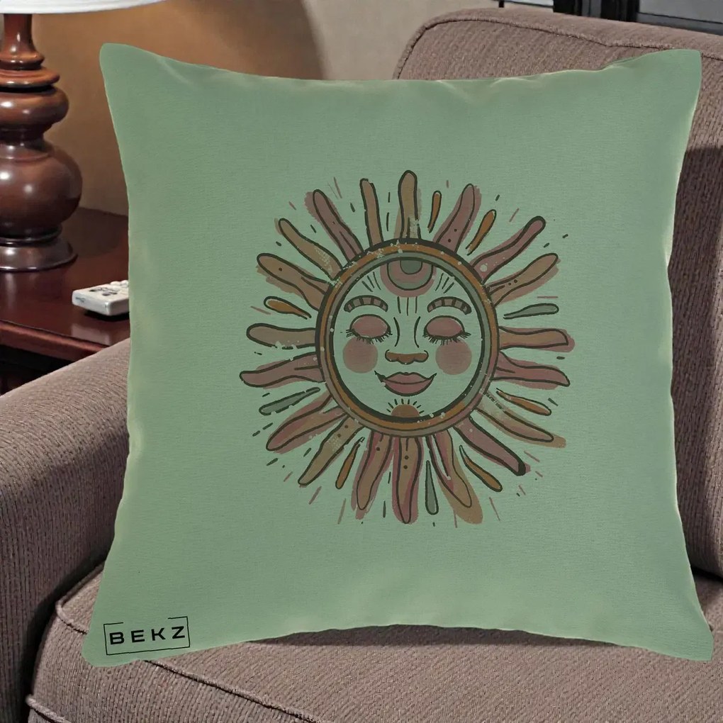 Perna Decorativa Soare Roz Tribal, 40x40 cm, Verde, Husa Detasabila, Perna Inclusa, BEKZ®