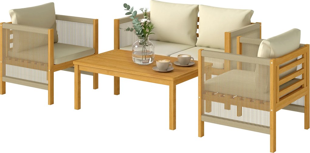 Outsunny Set mobilier de grădină din lemn pentru 4 persoane cu canapea 2 locuri, 2 fotolii, masă, împletitură din frânghie, design cu lamele, perne lavabile | Aosom Romania