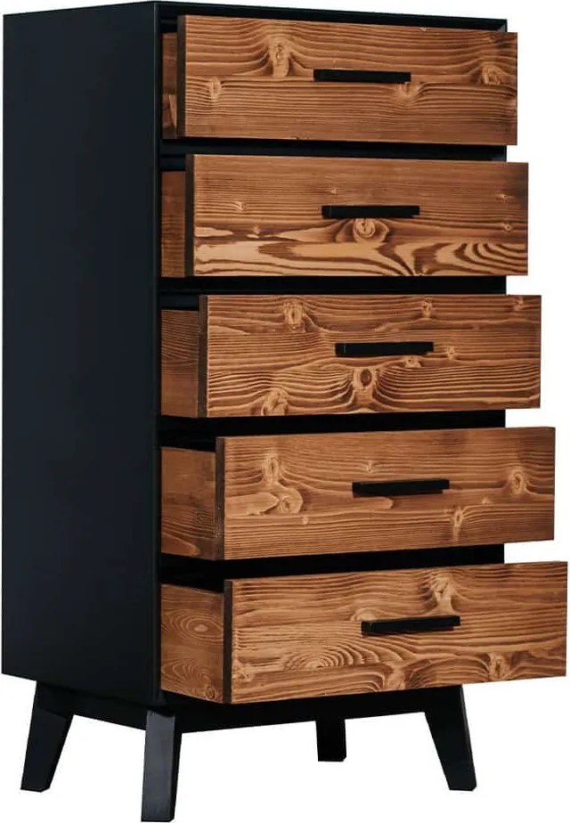 Comodă lemn masiv Timeless 5 Sertare Negru, 60 × 40 × 100 cm