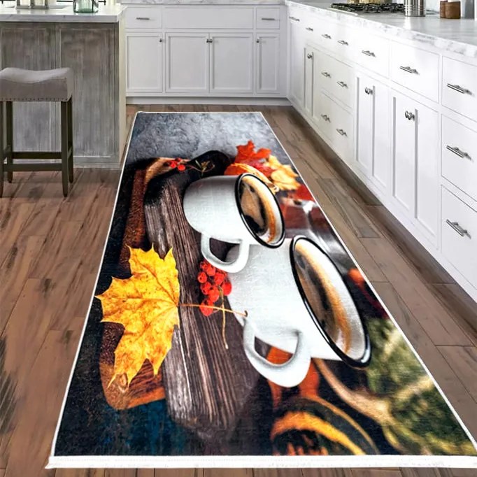 Traversa bucatarie antiderapanta, 80x300 cm, poliester, maro, model Cani de cafea