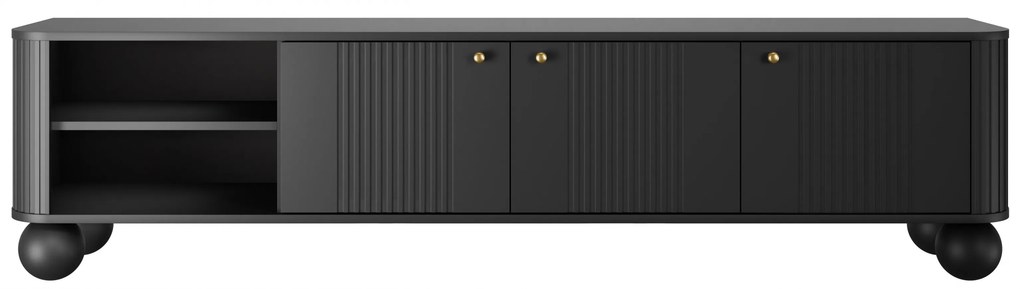 Comodă TV Vesper 187 cm trei uși - negru cu mânere aurii / picioare sferice