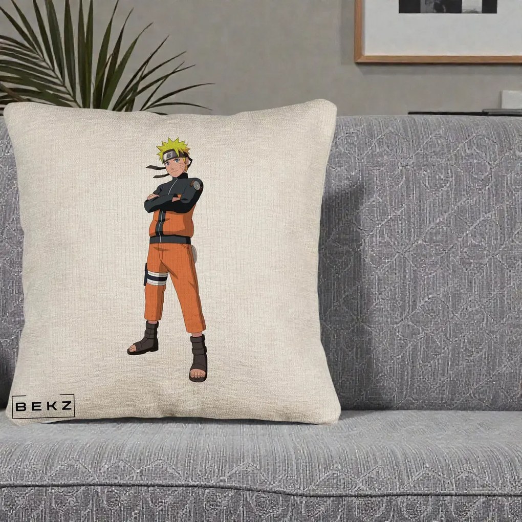 Perna Personalizata Naruto Uzumaki Portret Complet, 40x40 cm, Bej Canapea, Husa Detasabila, Perna Inclusa, BEKZ®