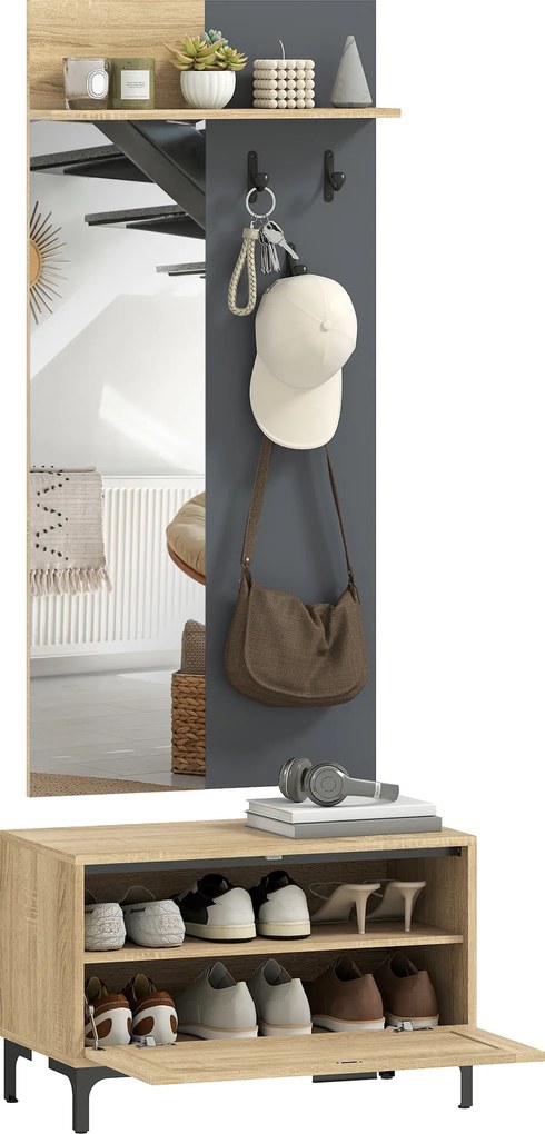 HOMCOM Set garderobă pentru hol, bancă pentru pantofi, oglindă, 3 cârlige, raft deschis, mobilier de hol, Lemn natural+Gri | Aosom Romania